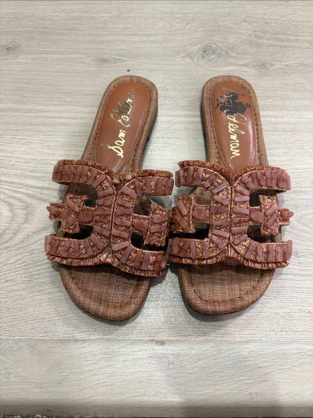 Sam Edelman Raffia flat slides sandals pink rust